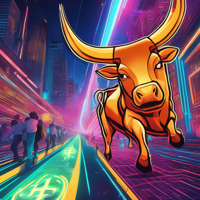 A vivid, electrifying portrayal of Bitcoin's potential bull run, brimming with energetic lines and radiant hues symbolizing market optimism; digital art visionaries capture the thrilling essence of cryptocurrency's climb, as imagined through the eyes of optimistic traders—an artwork buzzing on Artstation with the creative spirit of futuristic finance, digital illustration by concept artists renowned for melding fantasy with financial forecasts.