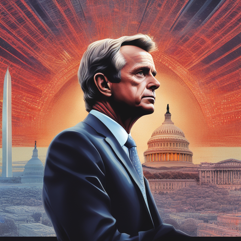 RFK Jr. in a contemplative pose against a backdrop of Washington D.C., symbolizing a new dawn of tax reform, with digital art elements highlighting innovation and change, a scene capturing the essence of progressive leadership, digital illustration, trending on Artstation, inspired by visionary artists like Alex Grey and James Jean.