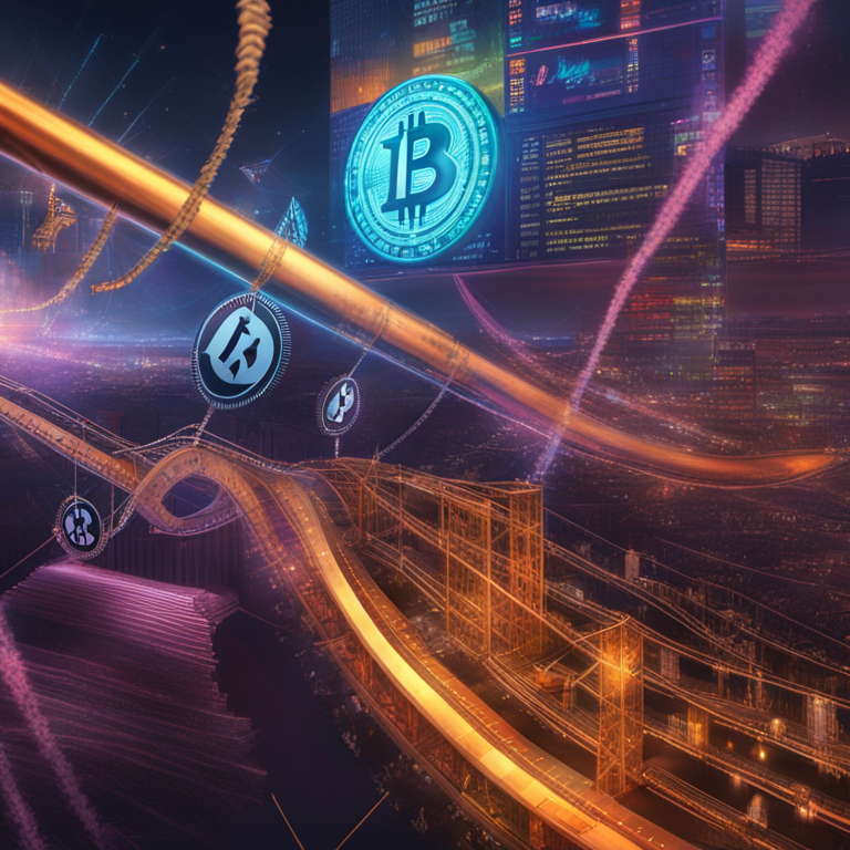 A dramatic digital canvas depicts the rollercoaster ride of major cryptocurrencies on May 7, weaving a visual story of contrasting fortunes - Bitcoin and Ethereum's descent juxtaposed with Solana and XRP's ascent, encapsulated within a dynamic, high-tech financial market landscape, digital artistry on display, trending on Artstation.