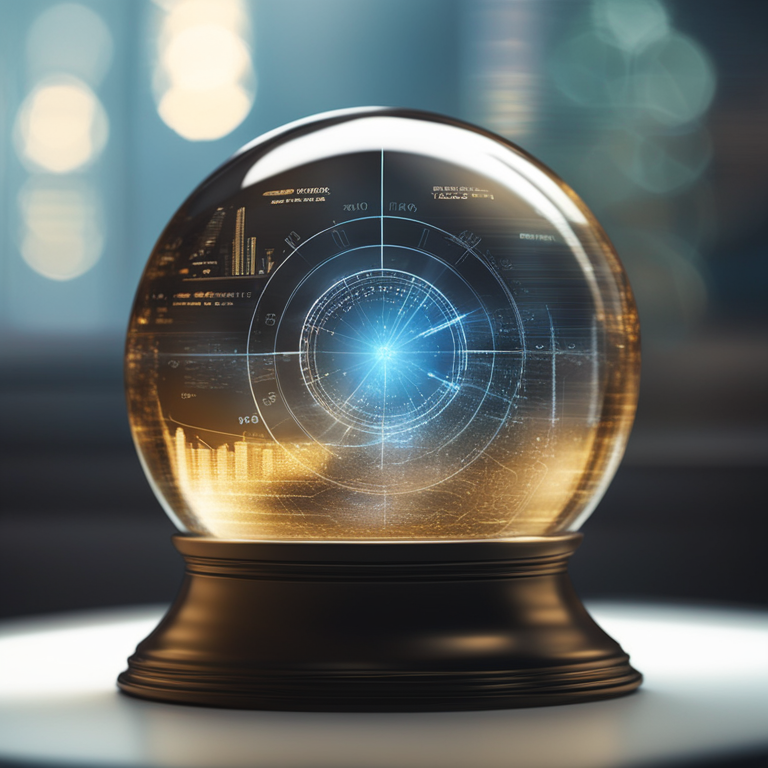 Futuristic financial crystal ball on a digital interface, displaying graphs and numbers predicting interest rate cuts, with a golden glow shimmering around Goldman Sachs' latest forecasts, digital artistry meets financial analytics, ArtStation sensation, hand-drawn digital illustration.