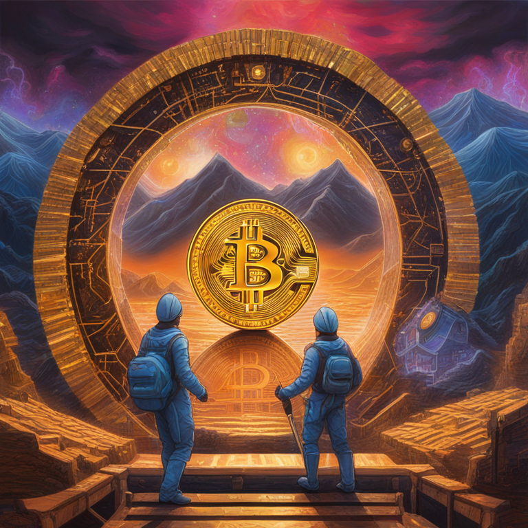 A visionary depiction of Bitcoin mining's future, intertwining elements of advanced dApps technology and mining hardware, converging in a digital renaissance painting, forecasting the prosperity and innovation within the crypto realm, characterized by vivid colors and inspiring digital motifs, celebrated by the cryptocurrency community as the dawn of a new era in blockchain technology, art immortalized by the digital era's avant-garde artists on Artstation