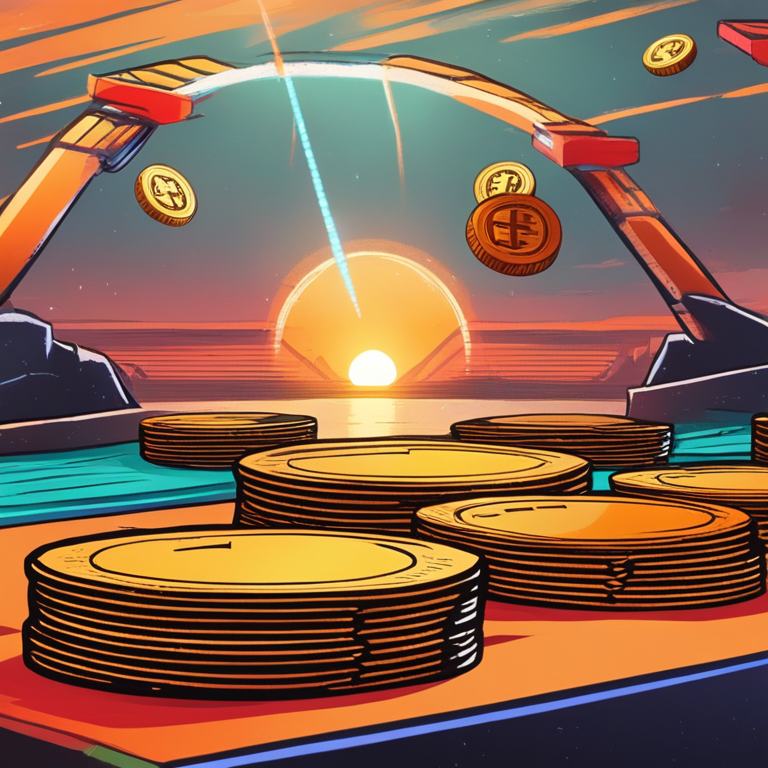 Ethereum's leap over financial hurdles captured in a vibrant, hand-drawn digital illustration of ETH coins bouncing off trampolines against a backdrop of a rising sun, symbolizing hope and growth, artwork trendsetter on Artstation, encapsulating the essence of economic recovery and spirited resurgence, digital art.