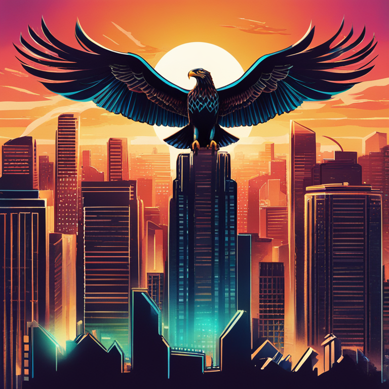 A vibrant digital illustration capturing the essence of a stock market surge, featuring a soaring eagle against a backdrop of ascending stock charts and global city silhouettes at sunset, detailed in a style reminiscent of top Artstation artists' work, symbolizing the potential for financial growth and global economic optimism, envisioned by a leading macro strategist.