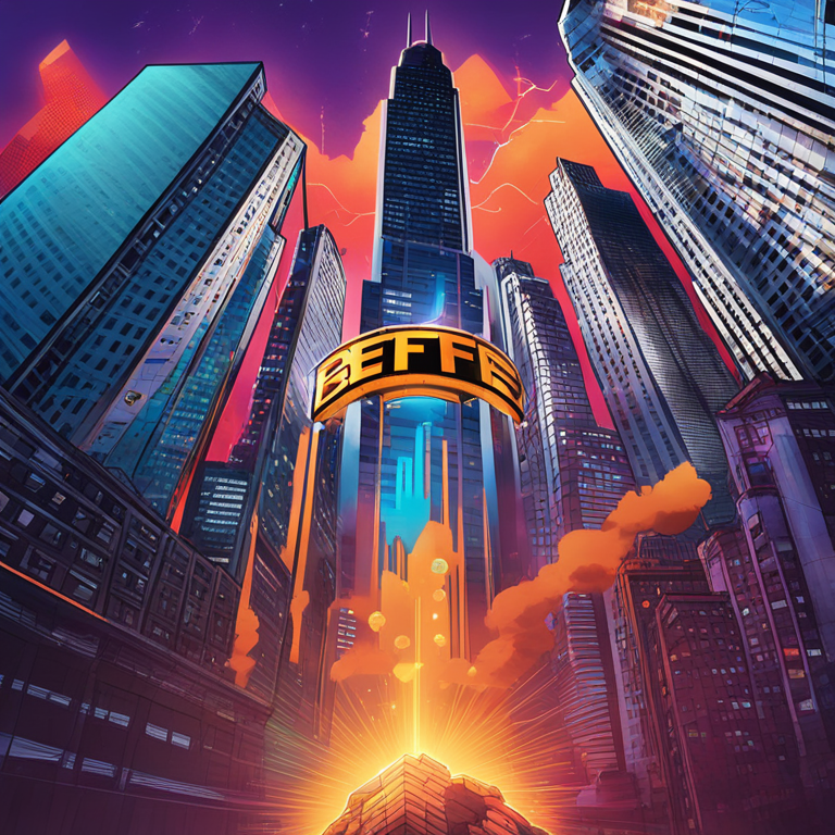 A dynamic, digital illustration of a Bitcoin ETF surging upwards against a backdrop of Wall Street skyscrapers under a hopeful sky, art by acclaimed digital artists, trending on Artstation with vibrant colors and a futuristic vibe, symbolizing the optimistic sentiment among investors.