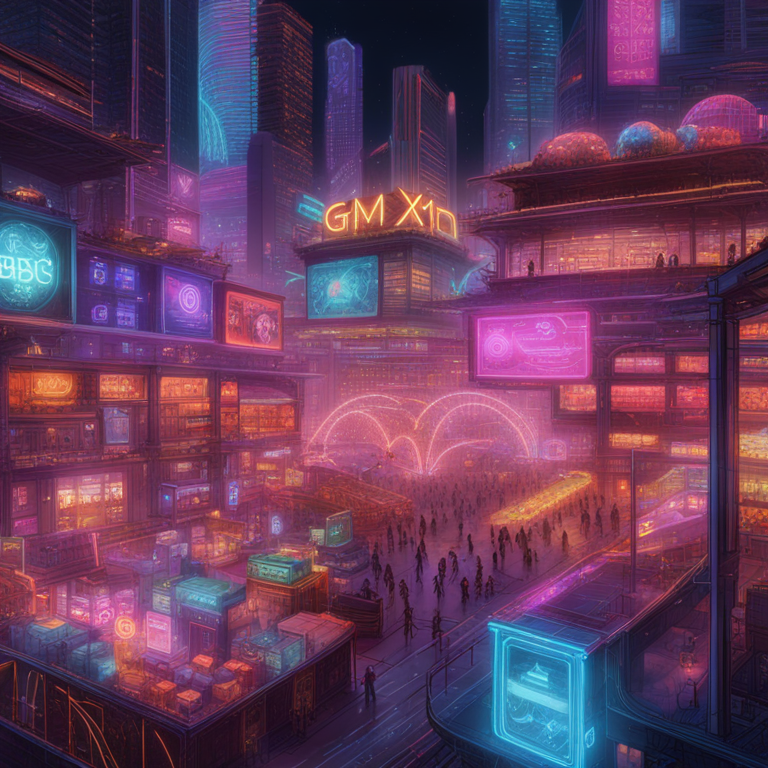 An intricate tapestry of neon-lit, decentralized financial networks, illustrating the vibrant ecosystem of GMX, where digital currencies like BTC and ETH are traded with innovation at the forefront; a bustling digital marketplace, hand-drawn in high definition, radiating the essence of future finance and blockchain technology, art by Beeple and Aaron Koblin, digital illustration, trending on Artstation, symbolizing a new era of trading, high-resolution, captivating visual metaphor.