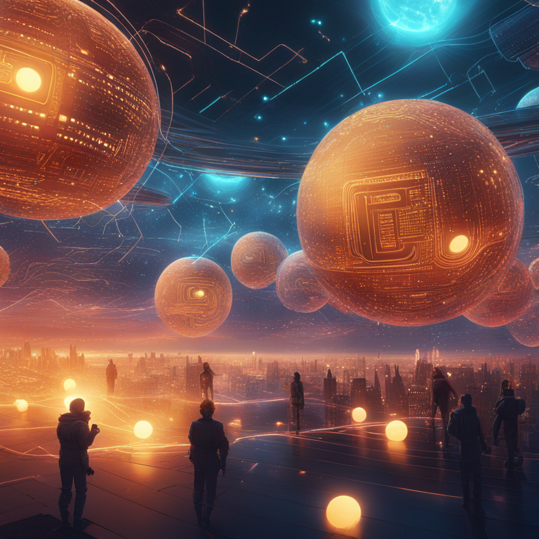 Futuristic view of GMX DEX in action, symbolized by glowing, interconnected digital orbs representing various cryptocurrencies being traded, set against a cosmic backdrop of the digital universe, art by Beeple and Aaron Koblin, showcases the vast network and seamless integration of blockchain technology, decentralized trading in full swing, hand-drawn digital illustration, Artstation HQ, high-resolution, enthralling dive into the essence of DeFi, transitioning beautifully into a new dawn of trading digital assets, digital art