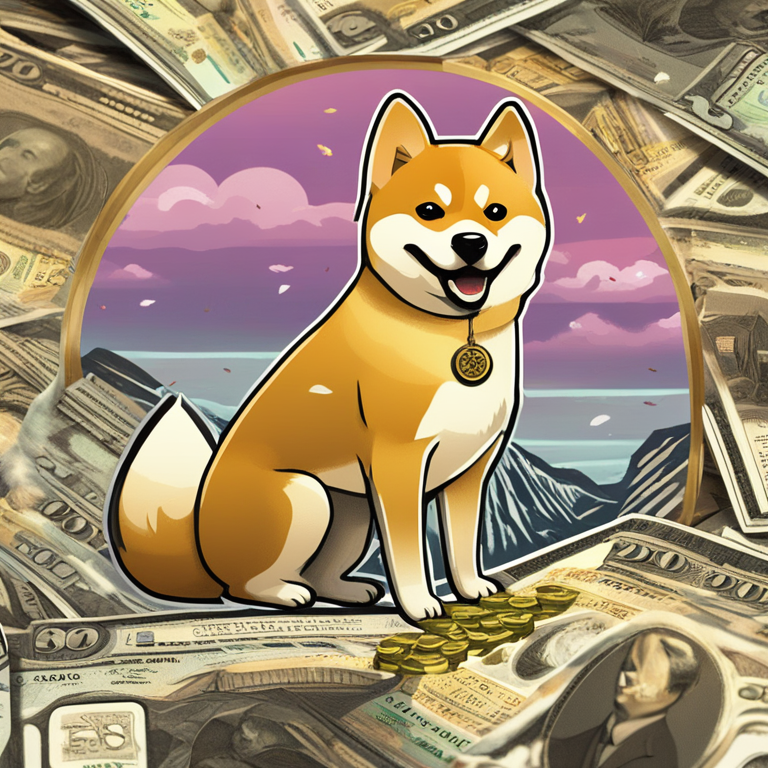 A meme-inspired Shiba Inu coin radiating with golden light amidst fading traditional banknotes, representing its surprising dominance over traditional savings, in an expressive, imaginative digital art style, trending on Artstation, merging whimsy with financial revolution, created by a renowned digital artist known for blending pop culture and economic themes.