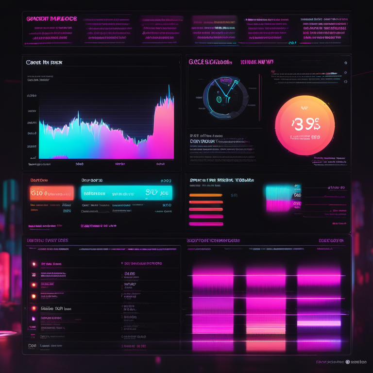 Digital display of GMX DEX performance metrics, showcasing real-time trading volumes, TVL, and user engagement figures; a dynamic infographic bursting with glowing neon accents against a dark backdrop, illustrating the bustling activity on GMX, executed in the style of digital art masterpieces by Beeple and Aaron Koblin, trending on Artstation, detailed, vibrant, and captivating visualization of financial data, digital illustration