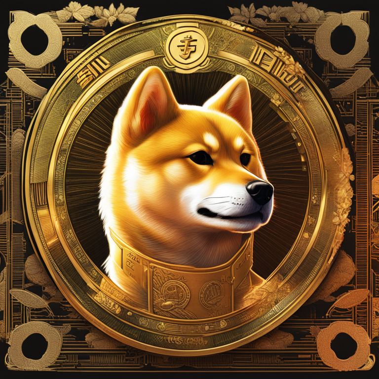 Vibrant, golden hues of Shiba Inu coin overshadowing the dimly lit traditional banknotes, a striking contrast of past and future wealth, digital art fascination, trending on Artstation, a celebration of meme culture triumphing over conventional finance, crafted by visionary artists, digital illustration, art in motion.