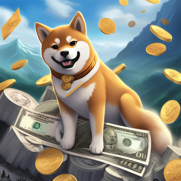 A scene capturing the essence of victory, a Shiba Inu coin gleaming atop a mountain of legacy banknotes, a digital art masterpiece symbolizing the conquest of new-age finance over traditional holding, artistry celebrated on Artstation, a testament to modern investment success, envisioned by a maestro of digital art, hand-drawn digital illustration.