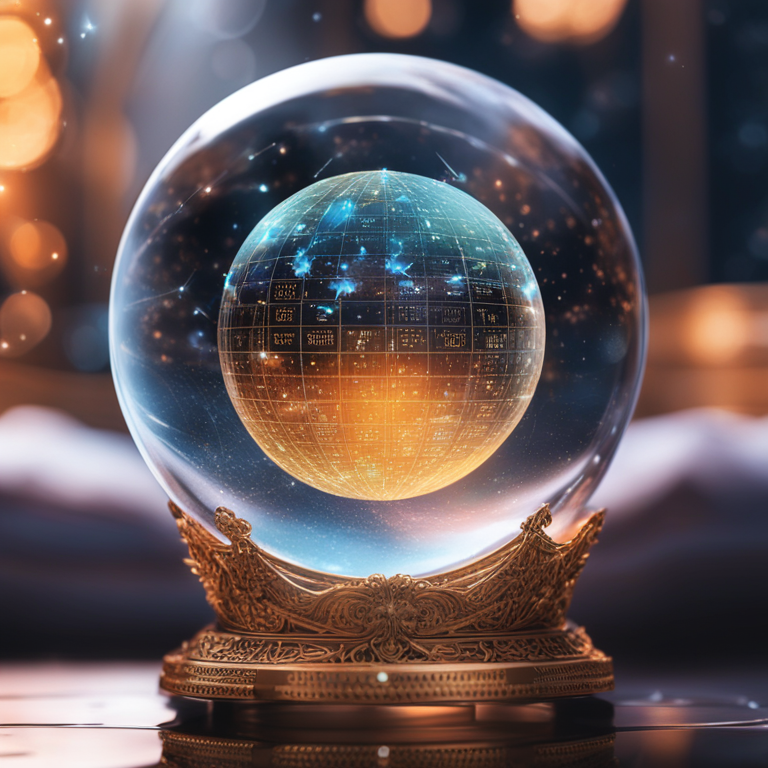 Crystal ball with dynamic charts reflection symbolizing unpredictability of crypto markets, with Bitcoin and altcoins as constellation patterns, art by Kévin Gliner and Li Shuxing, captivating digital art, trending on Artstation, vivid visual storytelling, enchanting, immersive scene