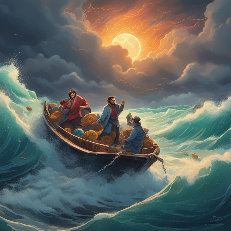 Bitcoin and altcoins depicted as animated characters navigating a tumultuous sea on a small boat amidst a storm, symbolizing the market's volatility with lively expressions, art by Greg Rutkowski and Victor Mosquera, engaging, action-packed, digital illustration, capturing the essence of market dynamics, trending on Artstation, vivid colors, dramatic scenery.