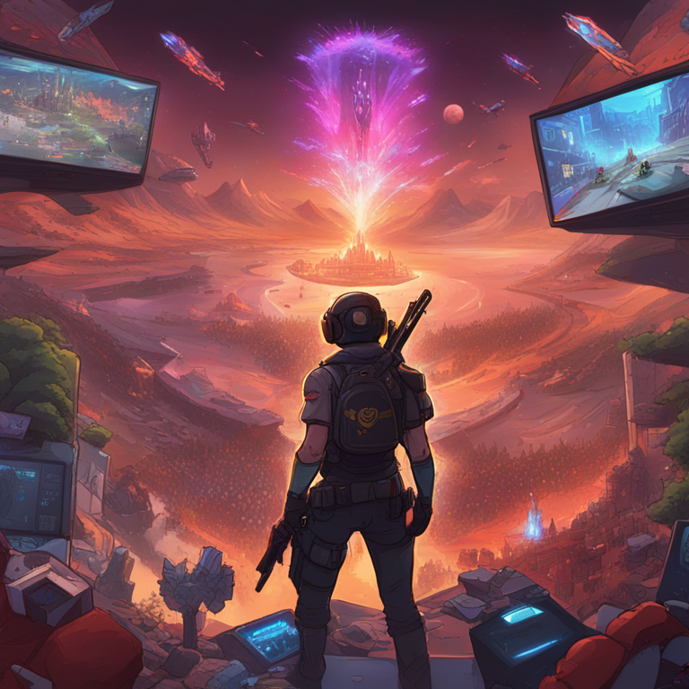 A hand-drawn digital landscape exploding with color, featuring iconic artifacts and avatars from the DMarket universe, interwoven with scenes from esports giants Counter-Strike 2 and Dota 2, created by revered digital artists, a stunning visual narrative of gaming glory and NFT marvel, trending on Artstation, hand-drawn digital illustration, Artstation HQ, digital art.