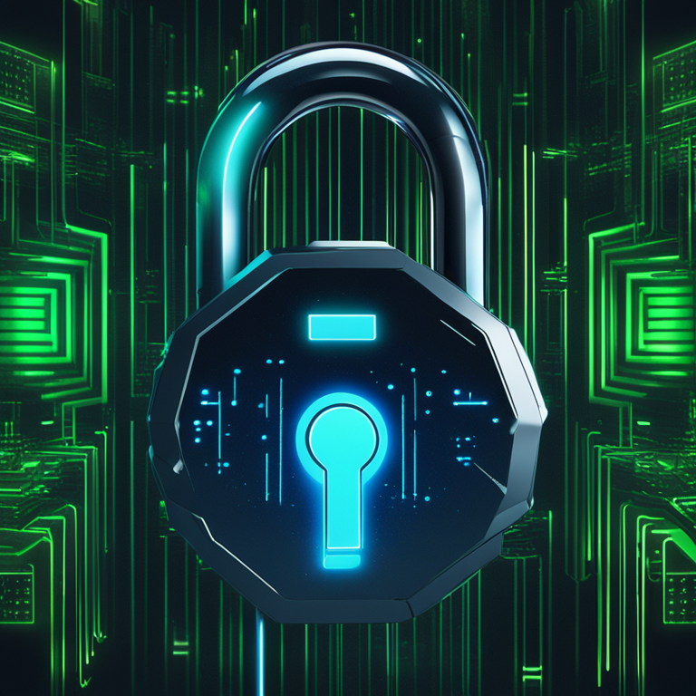 A futuristic cybersecurity lock shimmering in neon blue and green lights on a dark, sophisticated digital canvas, symbolizing KuCoin's partnership with Bugcrowd for impenetrable crypto exchange security, art by Khyzyl Saleem and Raphael Lacoste, digital illustration, trending on Artstation, embodying state-of-the-art cyber protection.