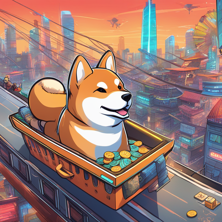 A bright, captivating illustration of Shiba Inu's chaotic market journey, featuring a digital currency-themed rollercoaster against a futuristic cityscape, art by renowned digital artists from Artstation, vivid and dynamic storytelling in high detail, capturing the essence of anticipation and surprise in the crypto world.