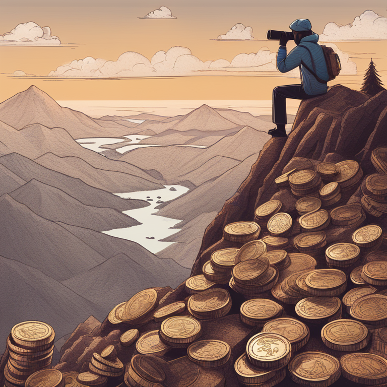 illustration of a patient trader atop a mountain of coins, observing the horizon with a telescope, hand-drawn digital art, trending on Artstation, capturing the adventurous spirit of crypto trading, with soft lighting and detailed textures