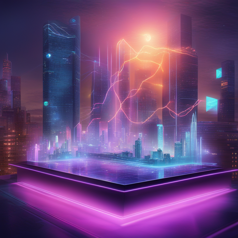 a holographic display showcasing the explosive growth of a cryptocurrency portfolio, focusing on Solana's trajectory against a digital cityscape at twilight, blending high-tech vibes with a fantasy investor's dream, conceptual digital art, trending on Artstation, symbolizing the future of finance, by digital artists known for their visionary work