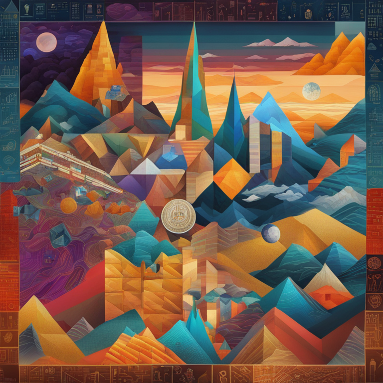 a patchwork of vivid, digital cubism portraying a trader's journey through peaks and valleys of crypto markets, blending elements of classic adventure with modern financial charts, hand-crafted digital collage, celebrated on Artstation, evoking a rich tapestry of risk, reward, and revelation in the pursuit of digital riches, crafted by renowned artists in the crypto art space