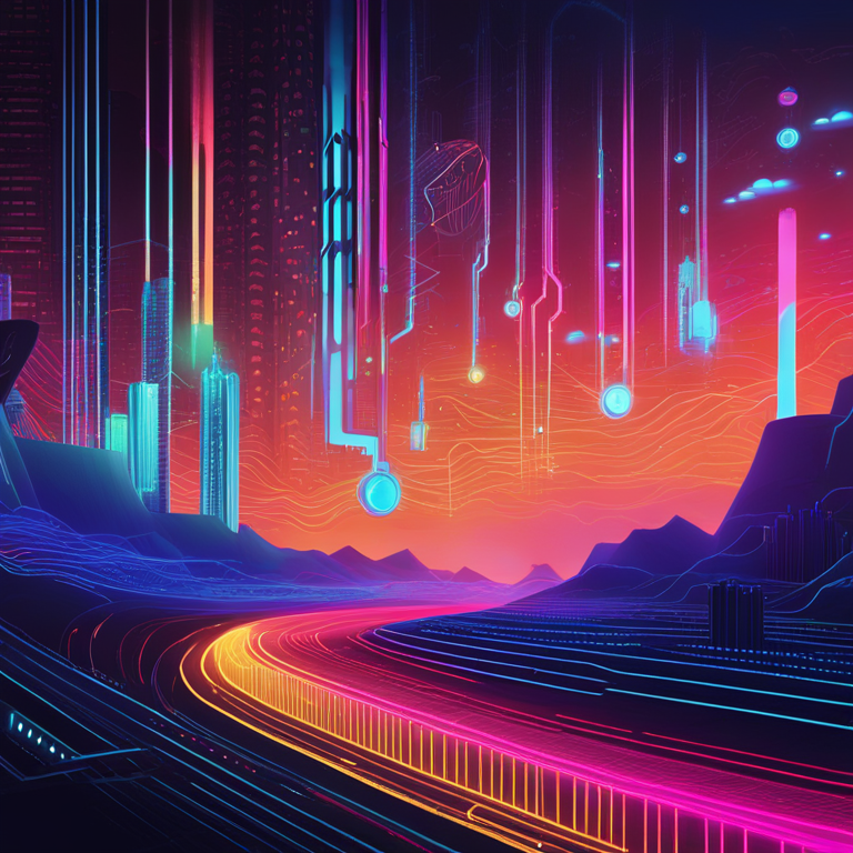 Futuristic digital landscape symbolizing Filecoin's network expansion in Q1 2024, with neon hues interlacing through streams of binary code, rendered in an imaginative, hand-drawn digital illustration style, trending on Artstation HQ, encapsulating the fusion of cutting-edge technology and artistic innovation, digital art.