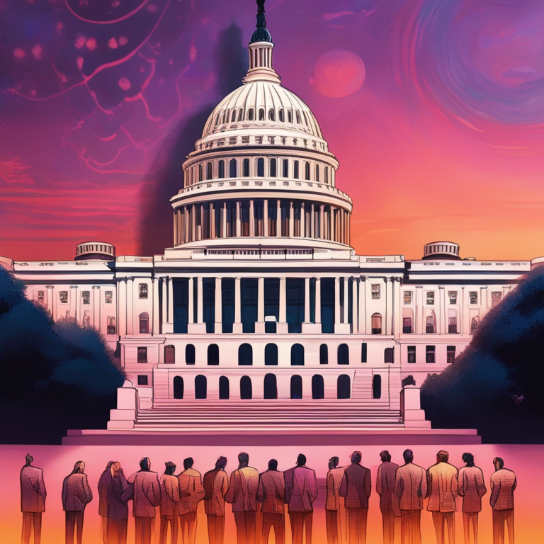 A detailed digital painting captures Capitol Hill bathed in sunrise hues, symbolizing the dawn of a new era in crypto regulation. In the foreground, digital currency symbols cast long shadows, while in the background, silhouettes of lawmakers and influencers are seen in contemplation, indicating the weight of their decisions. Art by renowned digital artists, capturing a historic moment in finance, trending on Artstation, where law meets innovation at the crossroads of progress.