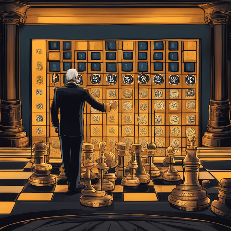 A digital abstract representing the SEC's intricate decision-making process on SAB 121, featuring a chessboard with cryptocurrency symbols as pieces, a looming clock symbolizing the looming deadline, and a shadowy figure of Gary Gensler overseeing the game, art by modern digital artists, trending on Artstation, showcasing a blend of finance and strategy in a high-stakes environment.