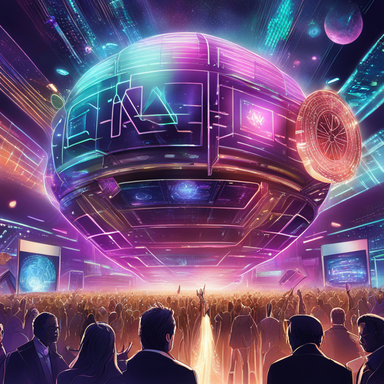 Futuristic celebration of technological stocks' success, featuring Nvidia and crypto mining companies as stellar performers in a digital art gala, capturing the market's vibrant euphoria with abstract elements symbolizing growth and innovation, hand-drawn digital illustration, trending on Artstation, a spectacle of financial triumph.