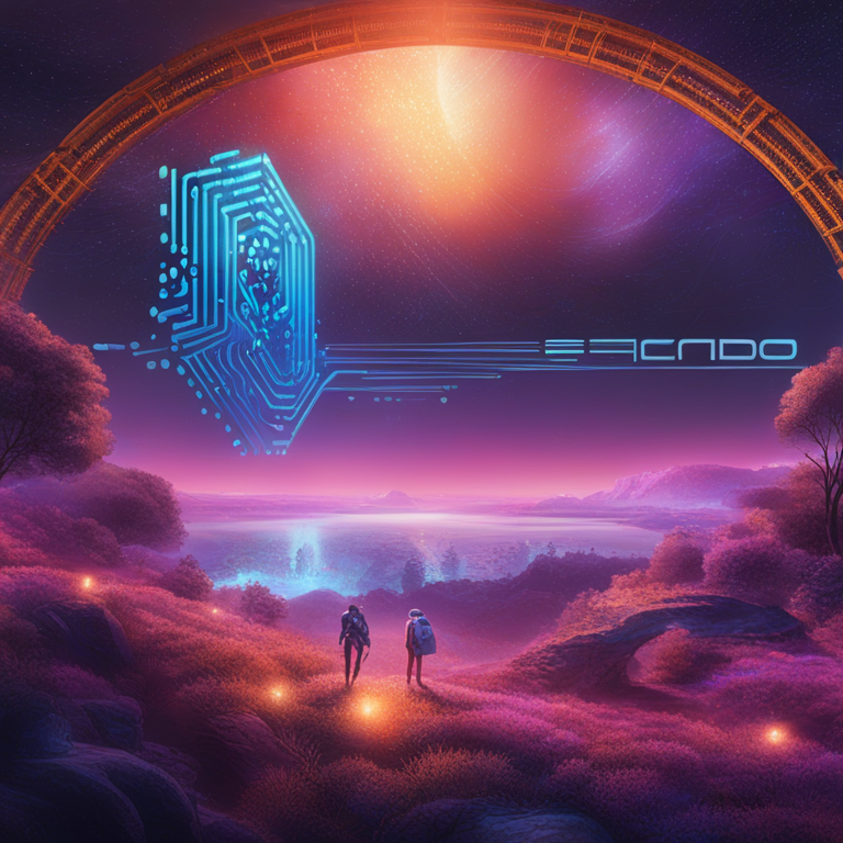 A cutting-edge, digital art piece showcasing the melding of tech innovation and blockchain evolution, featuring the essence of the Cardano and EMURGO partnership under a futuristic lens, with intricate Cardano logos embedded in a high-tech landscape, as envisioned by top artists on Artstation, rendered in vivid, dynamic colors.