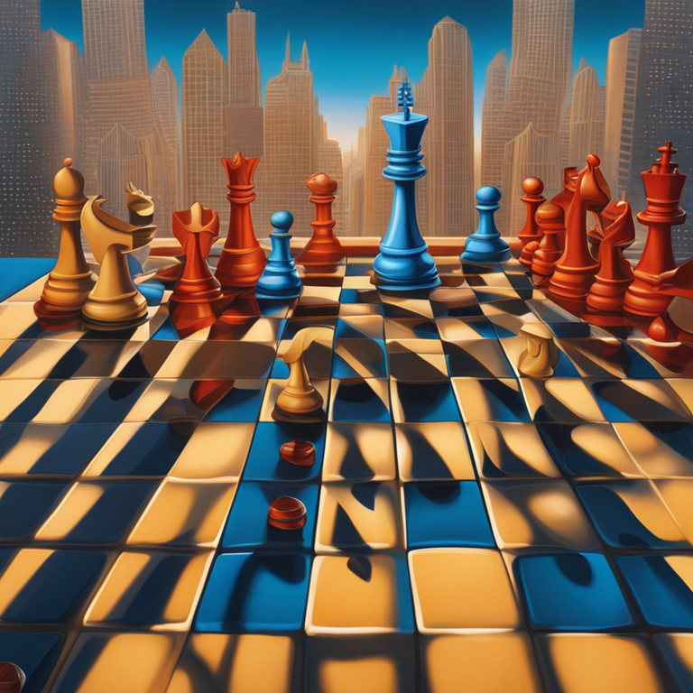 A vivid, thought-provoking illustration of a chessboard where each piece is masterfully replaced with iconic skyscrapers, symbolizing the giants of the corporate world engaging in a strategic power play, art by Kadir Nelson and James Jean, digital art, high detail, vibrant colors, dynamic composition, trending on Artstation, engaging corporate strategy theme