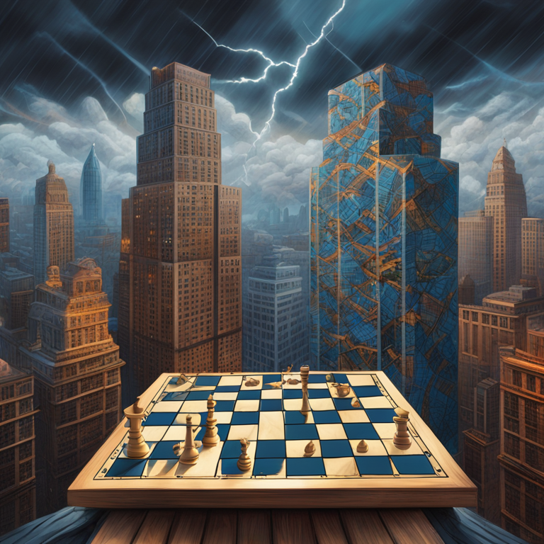 An intricate chessboard setup, each piece a towering skyscraper under a stormy sky, symbolizing the strategic battle between ETFS Capital and WisdomTree, digital art, hand-drawn digital illustration, Artstation HQ, vibrant colors, dramatic contrast, art by Kadir Nelson and James Jean, trending on Artstation, a metaphor for corporate strategy and power plays in the finance industry