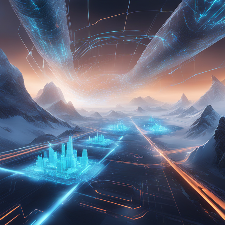 Futuristic integration concept art for Glacier Network and Cluster Protocol - A vibrant, dynamic digital illustration showcasing glowing connections and seamless technological fusion, visualized by top digital artists, trending on Artstation, hand-drawn digital illustration, high-tech digital art