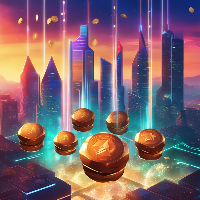 digital art depicting the explosive growth of RNDR, TRB, and TON tokens against a futuristic city skyline, with coins soaring like rockets, art by top Artstation creators, high-detail, vibrant colors, symbolizing wealth and innovation