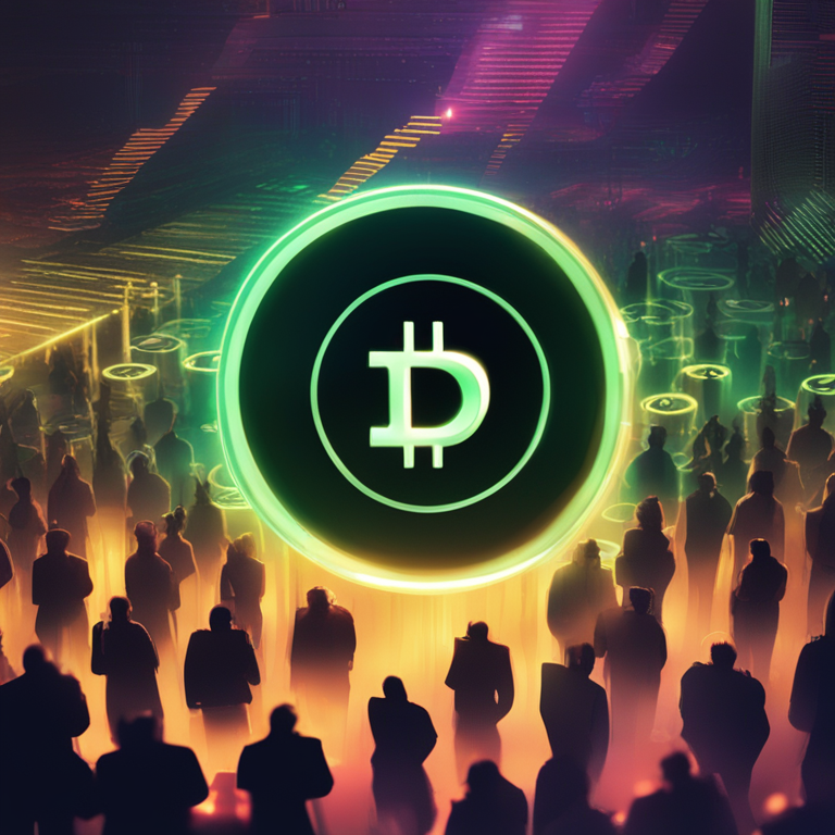 An enigmatic visual of a digital currency symbol glowing amidst a shadowy crowd, symbolizing the divide in public opinion on cryptocurrency, art by top digital artists, trending on Artstation, a fusion of curiosity and skepticism, dynamic, vibrant colors, digital art