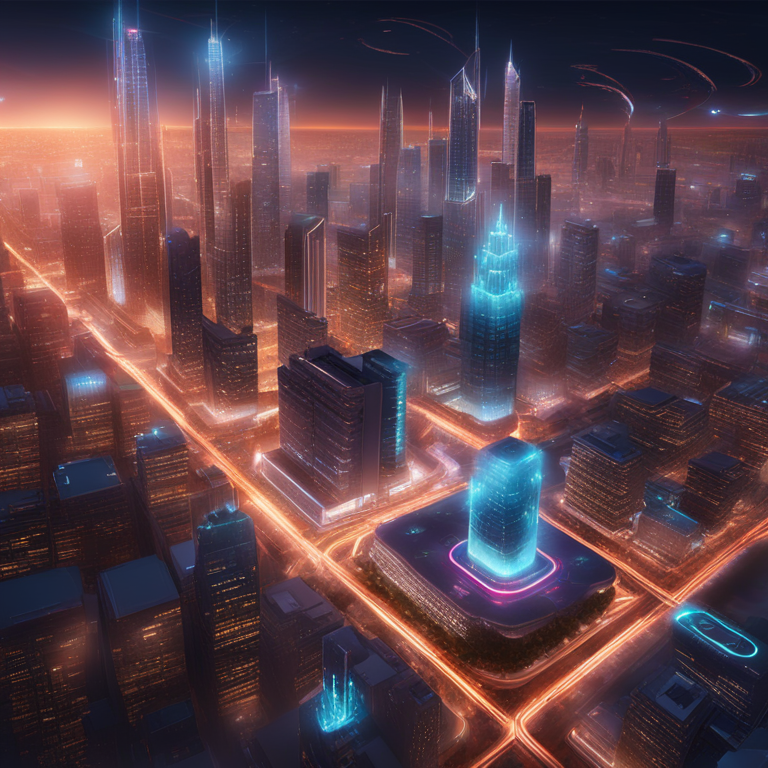 Aerial view of a bustling, futuristic city with skyscrapers adorned with glowing digital screens showcasing the latest in real estate token offerings, capturing the essence of a night illuminated by opportunities in tokenization, digital art conceptualized by leading creative minds, trending on Artstation, embodies the intersection of cryptocurrency innovation and urban development.