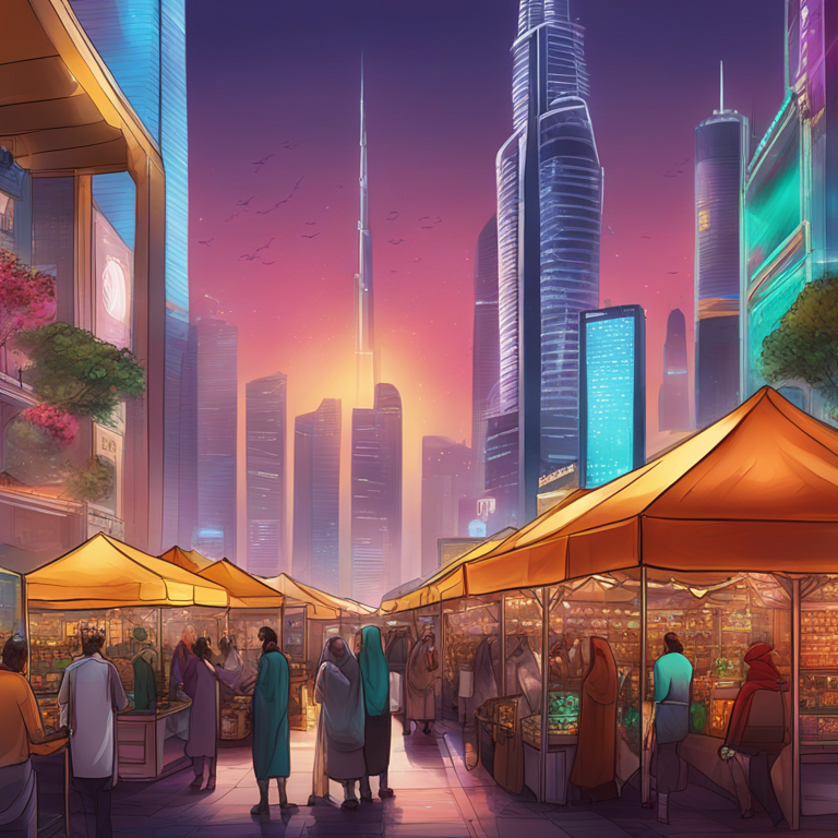 A bustling digital art bazaar showcasing Abu Dhabi's skyline transitioning into a futuristic crypto trading floor, hand-drawn digital illustration, trending on Artstation HQ, a visual metaphor of traditional markets meeting modern digital asset trading, vibrant colors, detailed cityscape with golden crypto coins dotting the horizon, digital art by contemporary artists.