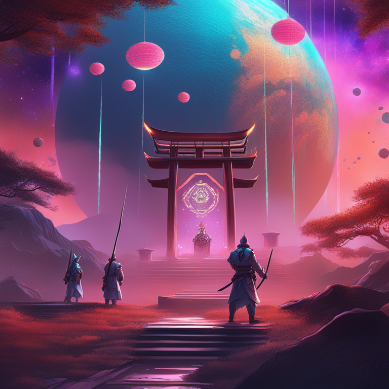 Vibrant tokens emerging from a cosmic portal, heralded by the SAMURAI Council as digital warriors of innovation, art by leading visionaries in the realm of blockchain aesthetics, drawing inspiration from ancient lore and futuristic landscapes, a scene bursting with color and dynamic energy, hand-drawn digital illustration, Artstation HQ, digital art.