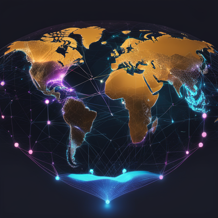 Futuristic visualization of the global trade network, enhanced by IOTA's technology, digital art representation of TLIP and MLETR across continents, vibrant nodes and connections illustrating trade efficiency and security, popular among Artstation digital artists