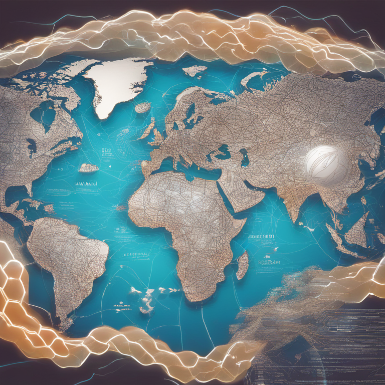 Dynamic visualization of trade efficiency in a digitized future, featuring a world map interconnected by sleek, pulsing trade routes, symbolic of IOTA's TLIP and MLETR impact, digital art resembling Aaron Koblin’s flight data projects, vibrant, immersive, and informative, trending on Artstation, hand-drawn digital illustration.