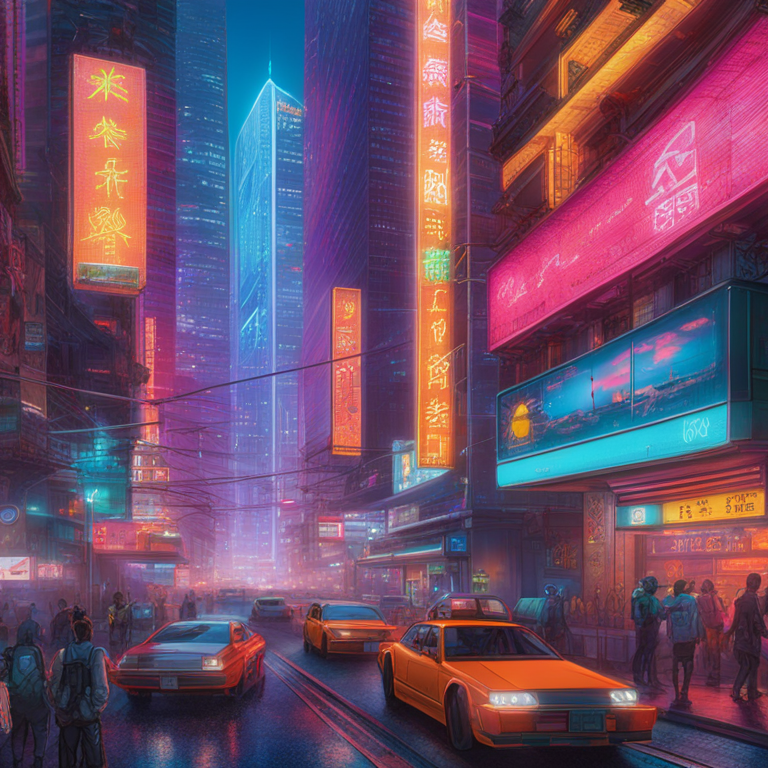 The bustling cityscape of Hong Kong lit by the neon glow of digital aspirations, with futuristic cryptocurrency symbols weaving through its skyscrapers, a powerful representation of innovation and progress, art by Michael Whelan, hand-drawn digital illustration, trending on Artstation with vibrant colors and a visionary urban scene.