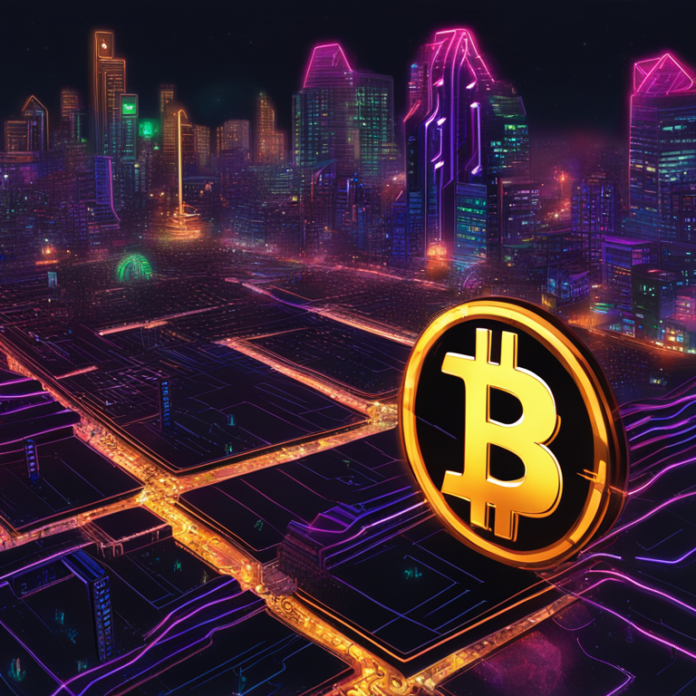 An electrifying digital art piece capturing Bitcoin's surge towards $70k, envisioning a neon-lit cityscape at night with ascending digital currency symbols, art by Satoshi Nakamoto reborn, digital illustration, trending on Artstation, encapsulating cryptocurrency's spirited journey, high-energy, dynamic composition