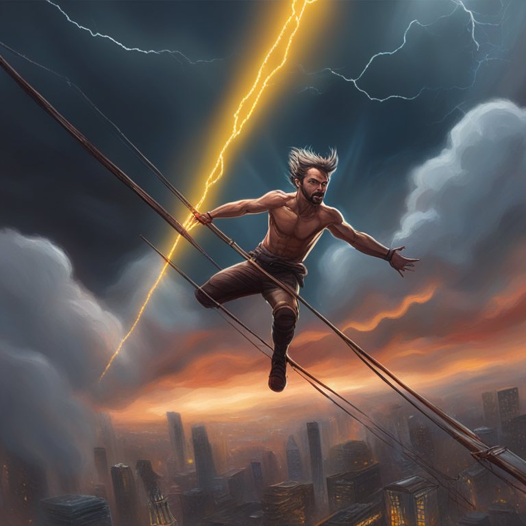 A digital painting evoking intense anticipation and focus, depicting Ethereum as a daring acrobat skillfully balancing on a tightrope above the $3K mark, against a backdrop of a tumultuous crypto market storm, in the style of Artstation's breathtaking digital masterpieces, capturing the essence of high stakes and the delicate balance of crypto investing, art by renowned digital artists inspired by Kinkade's mastery and the digital age's bold aesthetics.