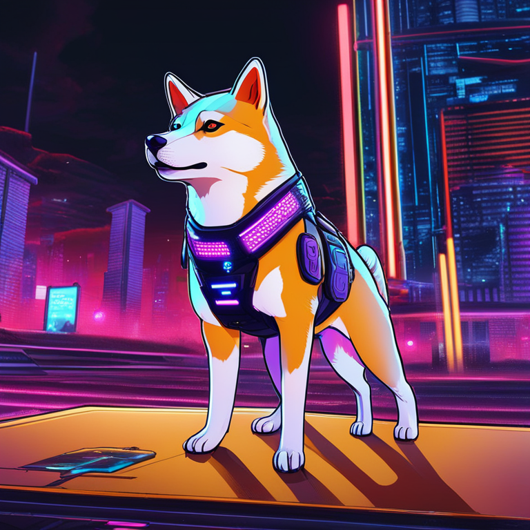 a resilient Shiba Inu standing guard in the digital realm, symbolizing the vigilance of the SHIB community against scams, featuring cybernetic elements and neon accents, representing the digital fortress created by collective vigilance, a conceptual digital art piece, high-resolution, dramatic and captivating, conceived by visionary artists on the forefront of digital illustration, trending on Artstation, embodying the spirit of unity and resilience within the cryptocurrency community