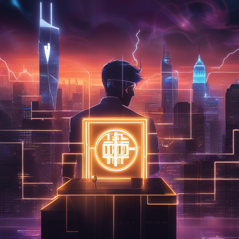 A visualization of Machi Big Brother's investment streak in the form of an electrifying digital art piece, encapsulating the spirit of blockchain and cryptocurrencies, featuring dynamic currency symbols and Machi's iconic silhouette against a backdrop of futuristic tech cityscapes, trending on Artstation HQ, digital illustration.