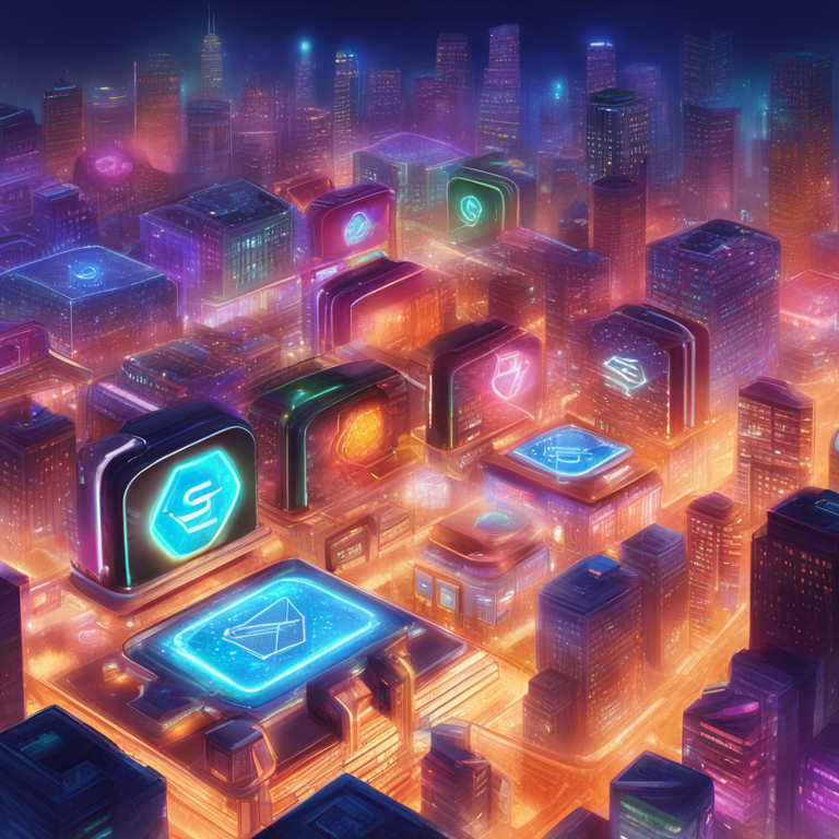 An imaginative, colorful digital depiction of $FRIEND tokens as keys unlocking diverse, vibrant chatrooms, symbolizing access and community in the virtual world, evoking a sense of belonging, with a futuristic cityscape background suggesting innovation and connectivity, artistry acclaimed on Artstation HQ, digital illustration.