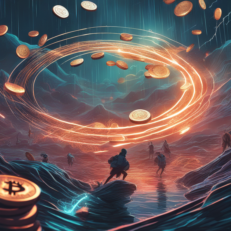 A whirlwind of digital coins amidst a storm, symbolizing a billion-dollar cryptocurrency outflow, with vibrant, chaotic energy, captured in a high-resolution, hand-drawn digital illustration, trending on Artstation HQ, digital art reminiscent of scenes by artists like Beeple and Josan Gonzalez.