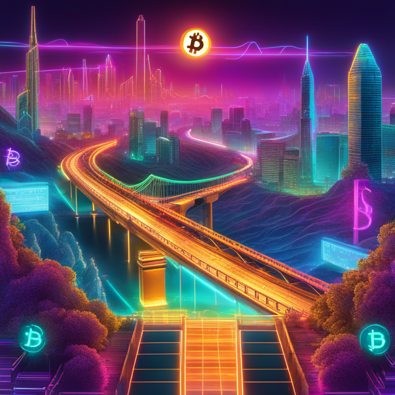 Futuristic finance landscape depicting the seamless integration of Bitcoin and synthetic dollars within a digital ecosystem, illustrated with vibrant neon colors against a digital backdrop, highlighting the innovative bridge between traditional cryptocurrency and DeFi solutions, Artstation HQ, digital art