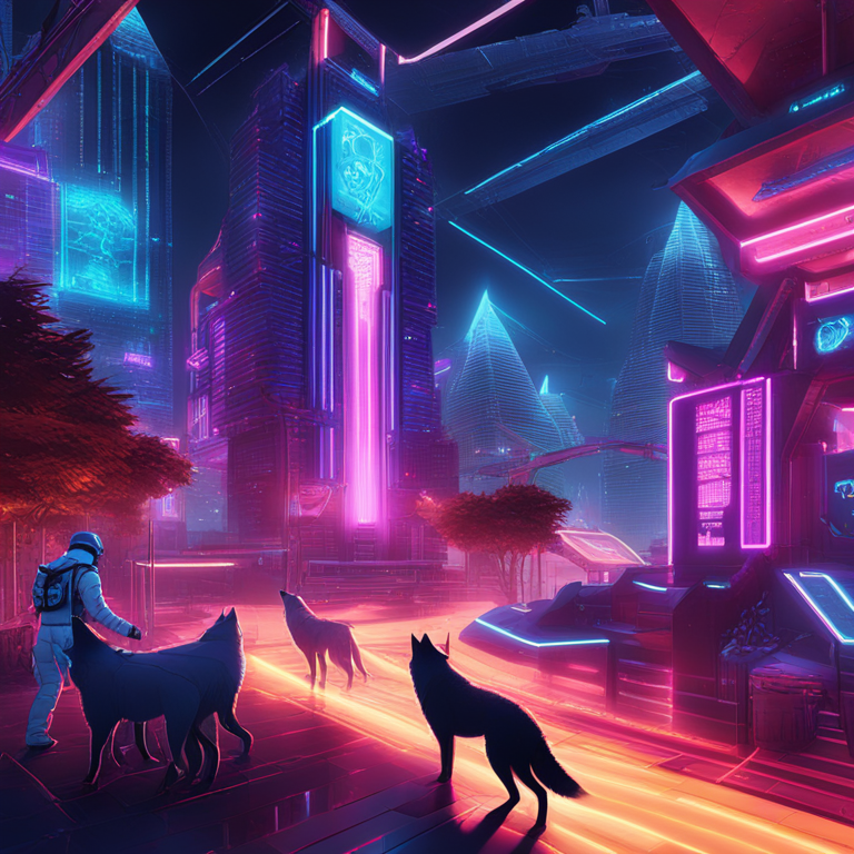 A captivating visualization of K9 Finance's integration into Shibarium, showcasing a neon-lit digital landscape bustling with cybernetic wolves and futuristic blockchain nodes, digital art, trending on Artstation, rich in vibrant hues and immersive digital realm aesthetics, hand-drawn digital illustration, Artstation HQ.