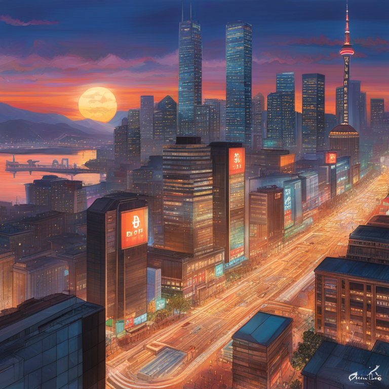 A vibrant digital painting capturing the momentous rise of Bitcoin ETFs in South Korea, featuring a bustling financial district at dawn, skyscrapers illuminated by the first light of day casting long shadows over people rushing to seize new opportunities, art by a fusion of Kim Jung Gi’s dynamic storytelling and Kinkade’s mastery of light, manifesting the dawn of a new financial era, digital art, trending on Artstation, encapsulating the essence of anticipation and economic revolution.