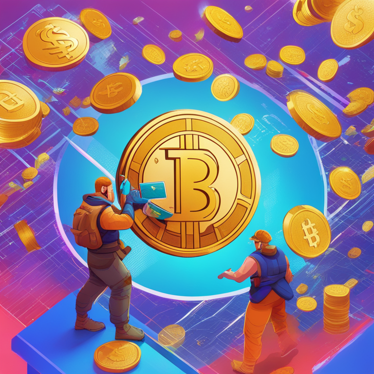 Visa and stablecoin characters clash in a vibrant digital battleground, embodying the financial tech revolution and hinting at a deeper story of competition and cooperation beneath the surface, a digital art sensation, dynamic action poses, a spectacle of colors, trending on ArtStation, hand-drawn digital illustration by acclaimed artists