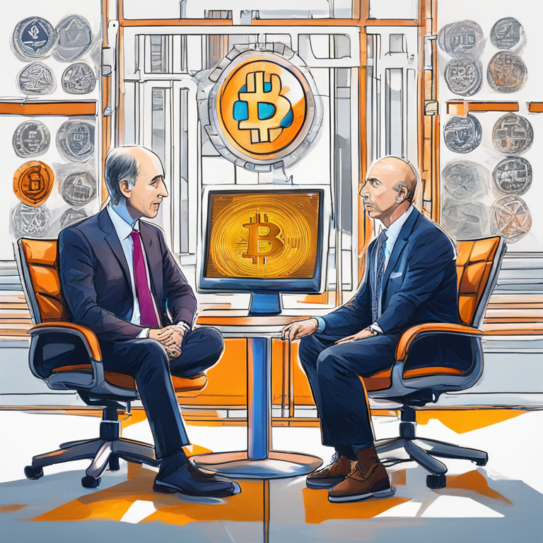 Gary Gensler engaged in an enlightening conversation with CNBC's Andrew Sorkin, detailed in an artist's canvas, featuring symbolic elements of cryptocurrencies and regulatory symbols coalescing around them, capturing the moment of dialogue that could define the future of digital currency, hand-drawn digital illustration, trending on Artstation, artwork captures the essence of regulatory discourse in the vibrant world of cryptocurrencies, digital art.