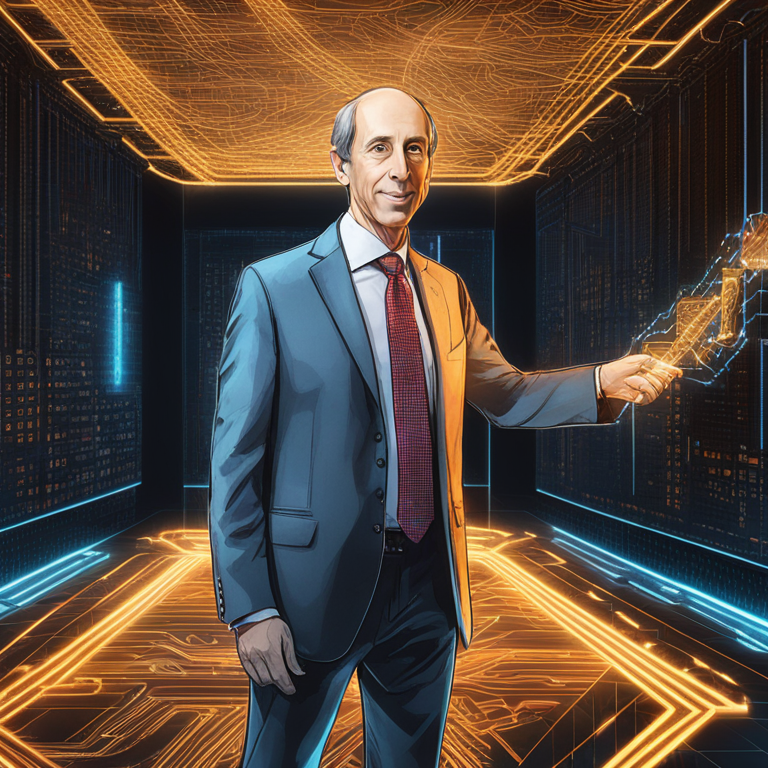 Gary Gensler standing firmly with a backdrop of a digital blockchain ledger glowing, symbolizing stringent regulations illuminating the path ahead for cryptocurrency markets, a harmonious blend of innovation and order, hand-drawn digital illustration, Artstation HQ, digital art, capturing the essence of regulatory evolution in the crypto space.